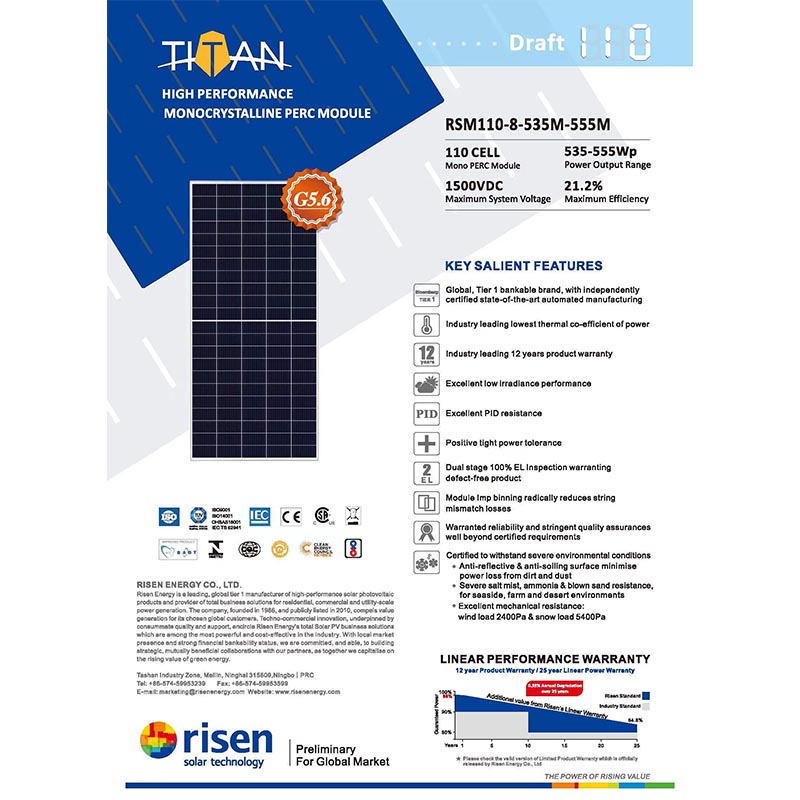 Risen solar panel 535w 540w 545w 550w 555w mono solar panel 110 half cells 550w -Koodsun