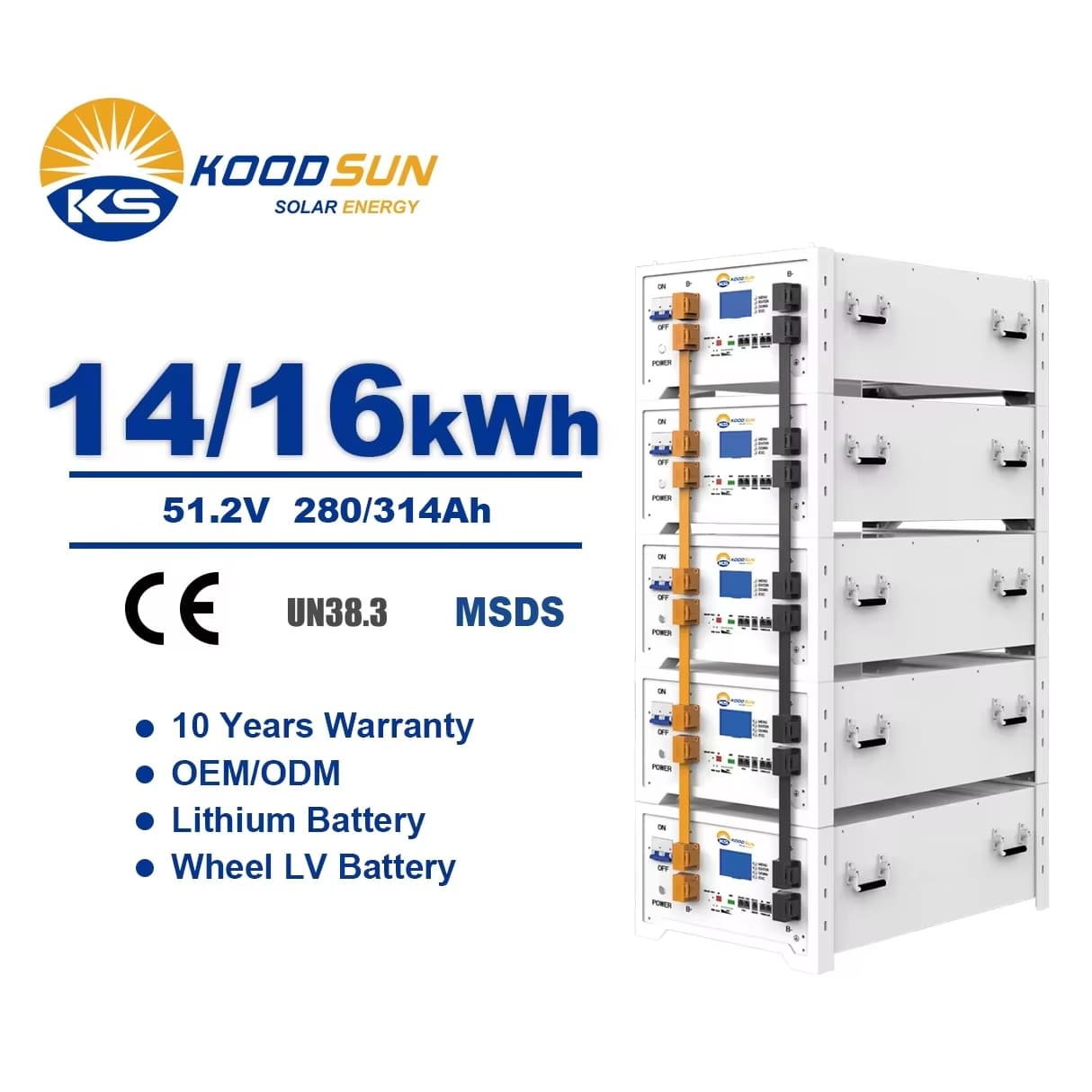 Mobile Energy Storage 51.2V 280AH 314AH Lifepo4 14.336KWH 16KWH  Rack Lithium Ion Batteries Easy installation -Koodsun